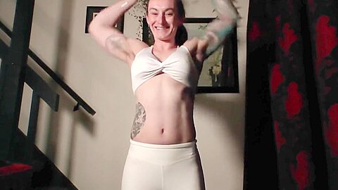 Muscle Girl In White Yoga Pants Stretching And Workout Live Stream Recording
